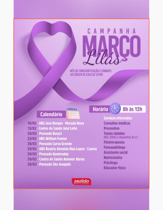 Leia mais sobre o artigo *Fique ligado!!*  *Secretaria Municipal de Saúde de Santa Helena, divulga a Campanha* *Março Lilás.💜* *Que tem como objetivo conscientizar a população sobre a prevenção e combate ao câncer de colo uterino.* *Enfatizando a importância do cuidado especial à saúde da mulher.!* 💜👏   *!#MarçoLilás #ZezildoAlmeida #SantaHelena*!*