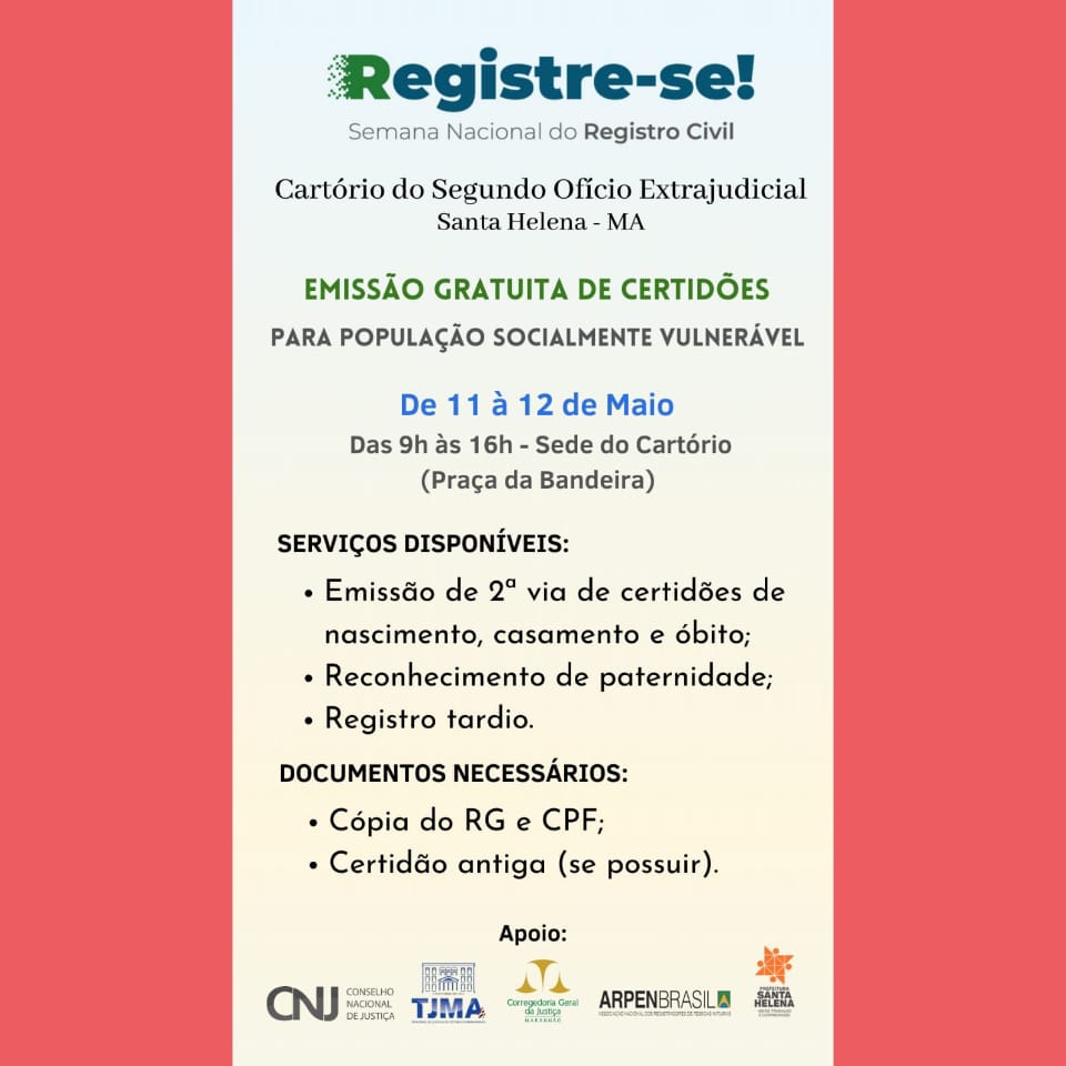 Leia mais sobre o artigo *ATENÇÃO!* *AVISO DE* *UTILIDADE PÚBLICA*  HOJE E AMANHÃ ESTARÃO EMITINDO GRATUITAMENTE CERTIDÕES PARA POPULAÇÃO SOCIALMENTE VULNERÁVEL.  DAS 9H ÀS 16H NA SEDE DO CARTÓRIO NA PRAÇA DA BANDEIRA.  NÃO PERCA ESSA OPORTUNIDADE.