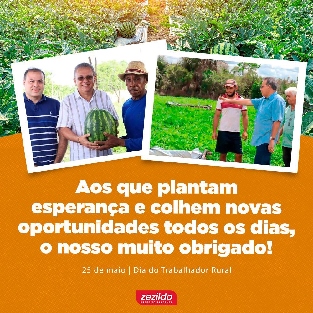 No momento, você está visualizando Deixo aqui o meu agradecimento e reconhecimento a todos os trabalhadores rurais pelo cuidado com a nossa terra, pois tudo que chega à nossa mesa, provém do seu trabalho diário. 😊🌾  Não mediremos esforços para continuar garantindo ações que contribuam para o fortalecimento e desenvolvimento do homem e da mulher do campo. 🤝  #Zezildo #SantaHelena #DiaDoTrabalhadorRural