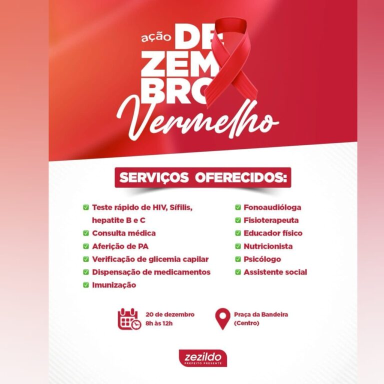 Leia mais sobre o artigo 🎯 *ATENÇÃO* ‼️ *CONVOCAÇÃO*  *DEZEMBRO VERMELHO* *É HOJE.*❤️   Prefeito Zezildo  convoca todos a Ação de Prevenção de Cuidados a Saúde hoje das 8h às 12h, na Praça da Bandeira   *Dezembro Vermelho.* ❤️   Terá testes rápidos e vários outros serviços e orientações de saúde leve seus amigos e familiares. 🤝    #ZezildoAlmeida #DezembroVermelho #SantaHelena