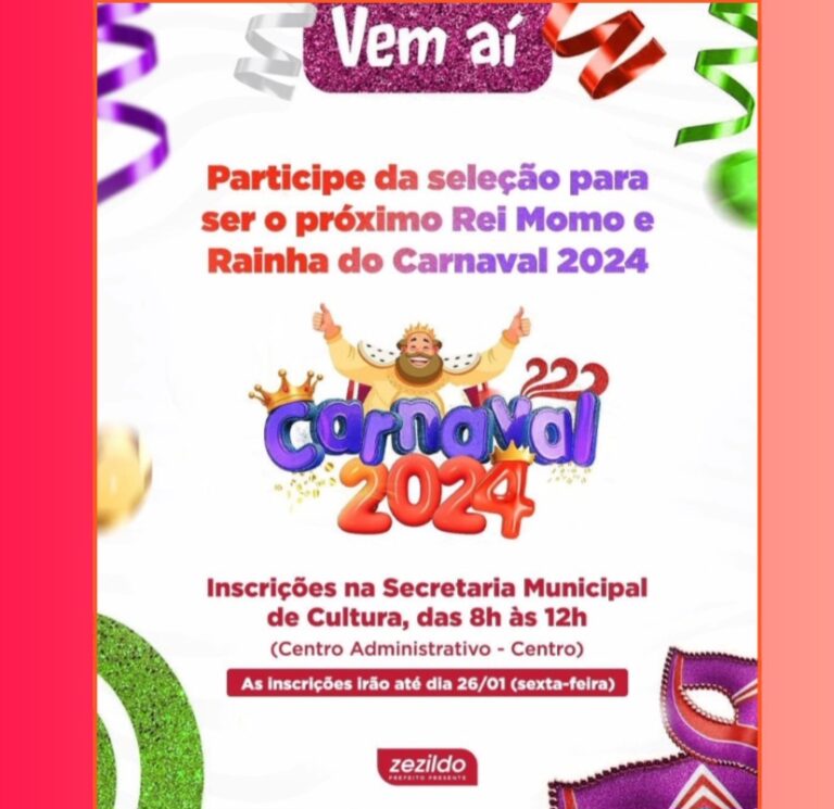 Leia mais sobre o artigo *Participe da seleção para o novo Rei Momo e Rainha do Carnaval de Santa Helena 2024! 🎉🪅 as inscrições podem ser realizadas na Secretaria de Cultura localizada no Centro*