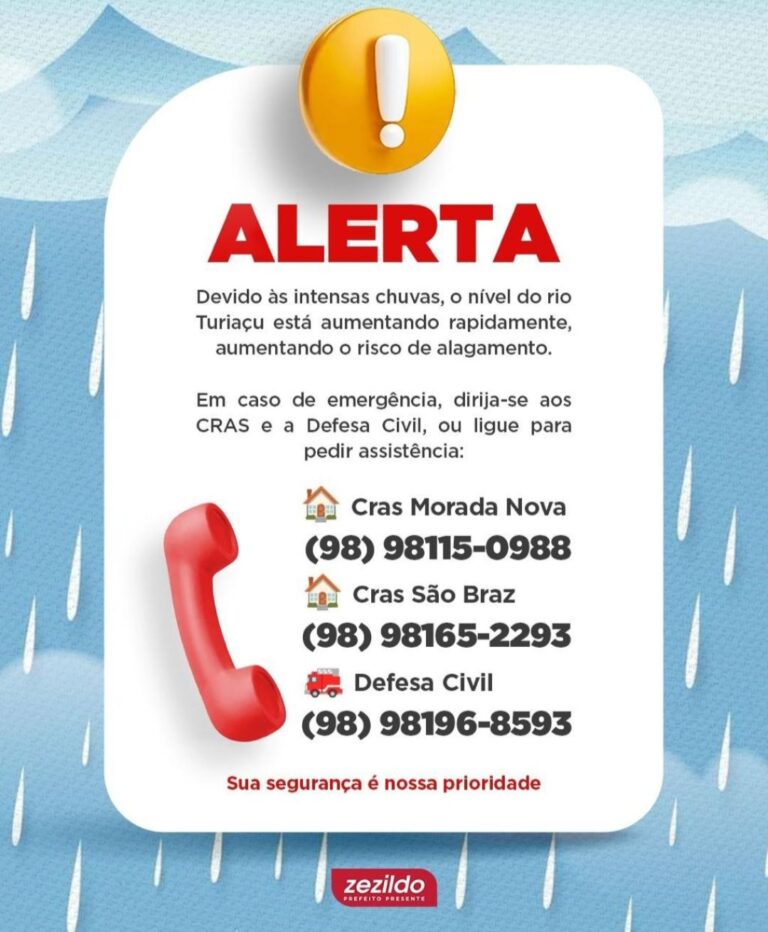 Leia mais sobre o artigo ⚠️ *ATENÇÃO* ⚠️  *Devido às intensas  chuvas a Prefeitura de Santa Helena-MA alerta.*  *Em caso de emergência, dirija-se aos CRAS e a Defesa Civil ou ligue para os números do banner.* *Sua segurança é nossa prioridade.*