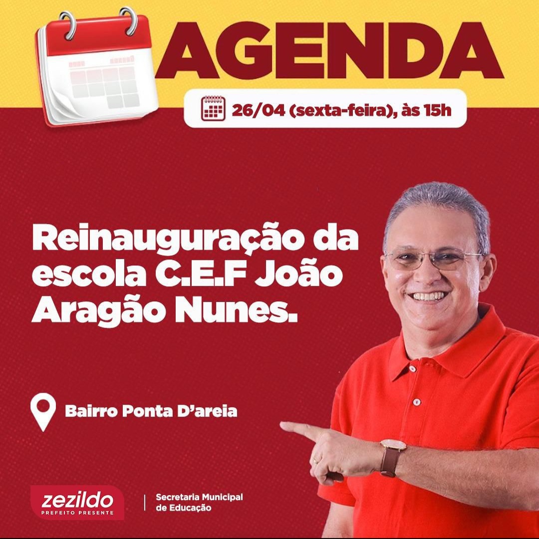 Leia mais sobre o artigo É com muita satisfação que convido a todos para a reinauguração da escola C.E.F João Aragão Nunes! 🏫✨  Um momento especial para celebrarmos juntos essa importante conquista para nossa comunidade escolar.  Conto com a presença de todos vocês neste dia 26/04, às 15h, no Bairro Ponta D’areia.  #ZezildoAlmeida #SantaHelena #Educação #Reinauguração