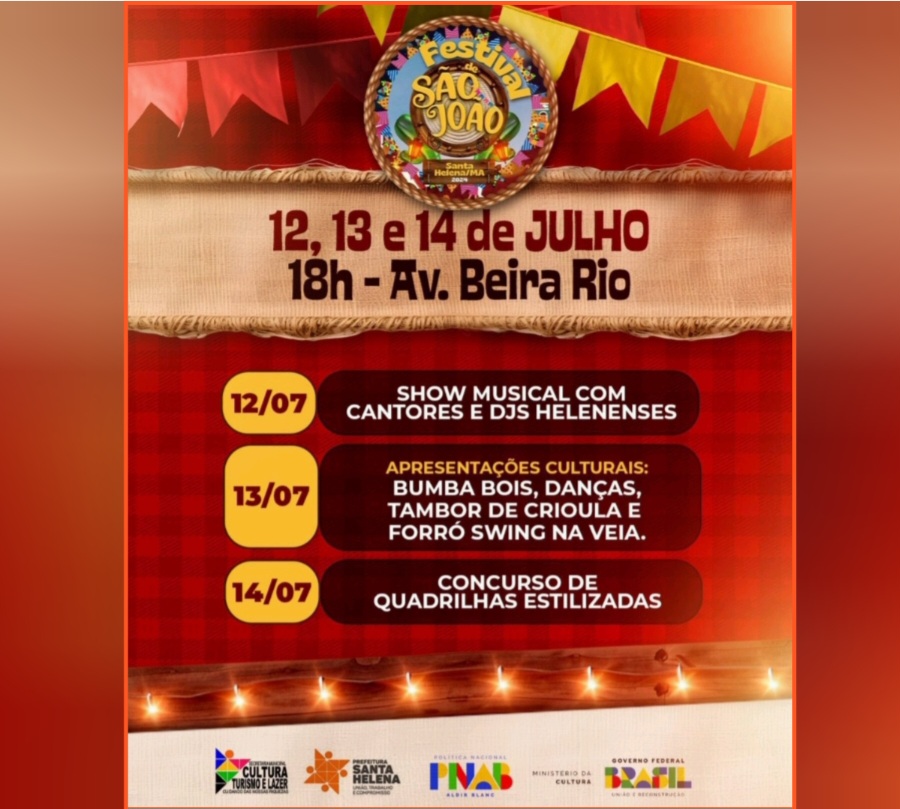 Leia mais sobre o artigo *Prefeitura de Saanta Helena, através da Secretaria de Cultura, Turismo e Eventos, convida toda comunidade a participar da Programação Cultural na Avenida Beira-Rio nos dias: 12, 13 e 14 de Julho Uma festança com muitos prêmios, Não Perca!*