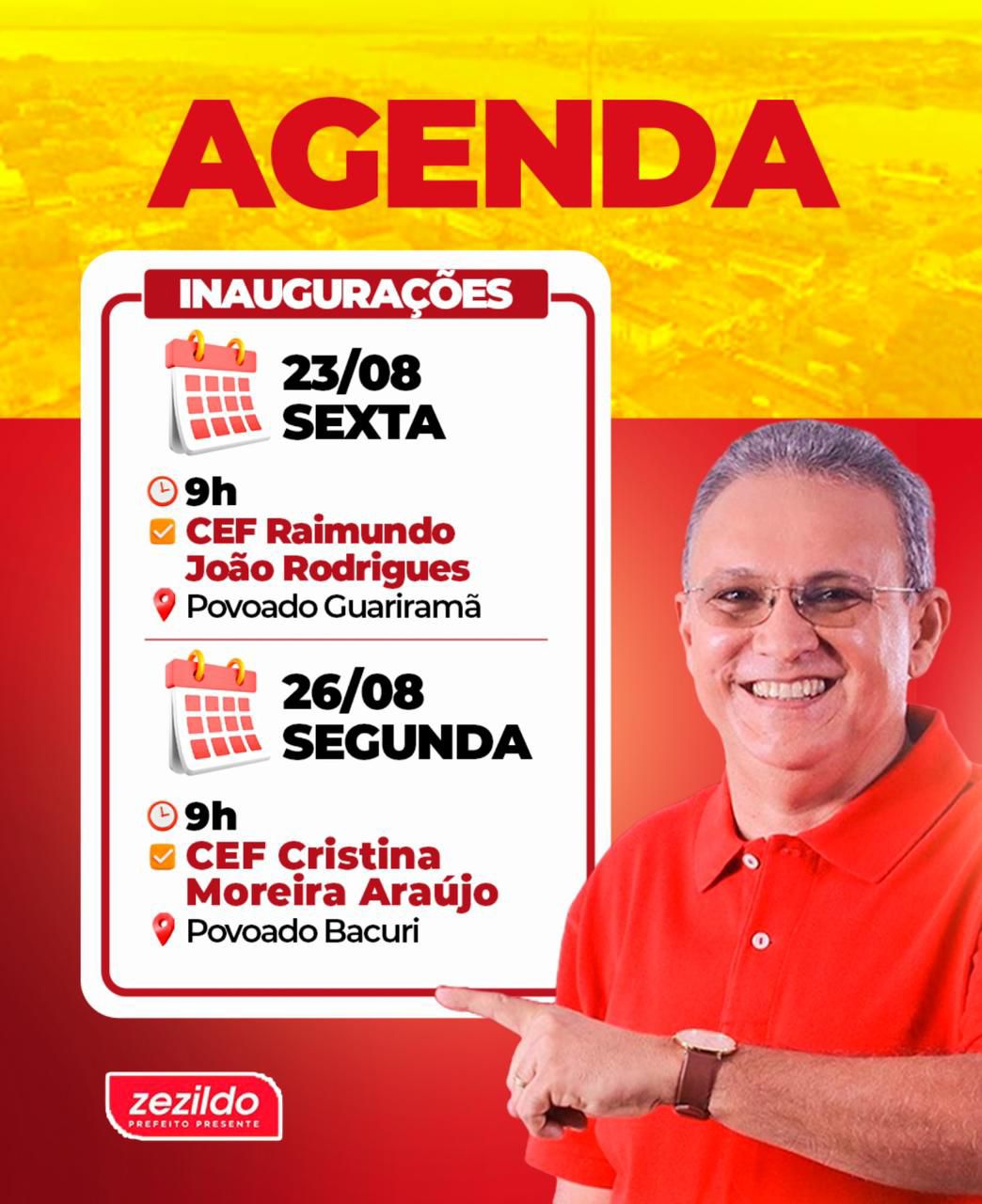 No momento, você está visualizando Neste fim de semana, o Prefeito Zezildo visitará os povoados Guariramã e Bacuri para a inauguração de duas escolas  As obras, são bastantes aguardadas pelas comunidades.  Será um momento especial para celebrarmos juntos essa importante conquista para as comunidades escolar.  Contamos com a presença de todos vocês!