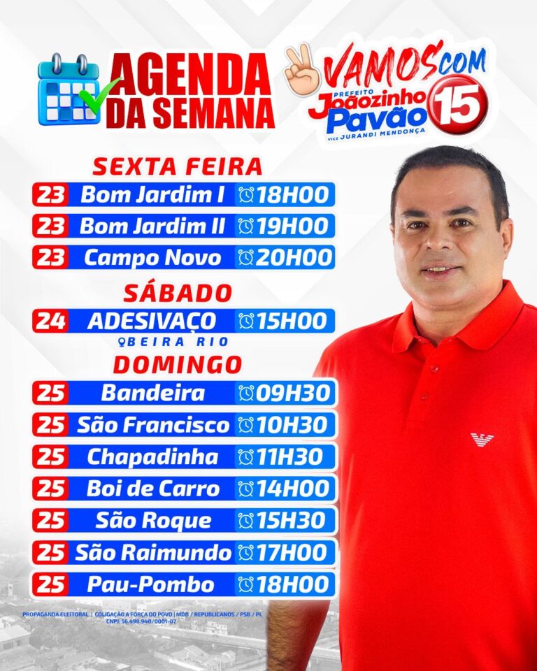 Leia mais sobre o artigo 📅 *Agenda da Semana*  *Esta semana será cheia de encontros importantes! Vamos juntos fortalecer nossa caminhada rumo a uma Santa Helena ainda melhor.*  ➡️ *Não perca nenhuma oportunidade de estar conosco. Confira nossa agenda e venha fazer parte!*  *#JoãozinhoPavão* *#SantaHelena* *#CompromissoComOFuturo*