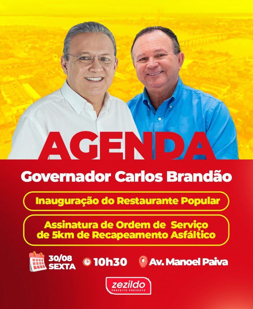 Leia mais sobre o artigo Nesta  sexta, 30, vamos receber em Santa Helena o nosso governador Carlos Brandão, que fará a inauguração do Restaurante Popular  e assinar a ordem de serviço para a recuperação de 5 km de asfalto em nossa cidade.  Convido a todos os helenenses para participarem desta visita que será tão especial em nossa cidade. Esperamos por vocês! 😃  #zezildoalmeida #SantaHelena
