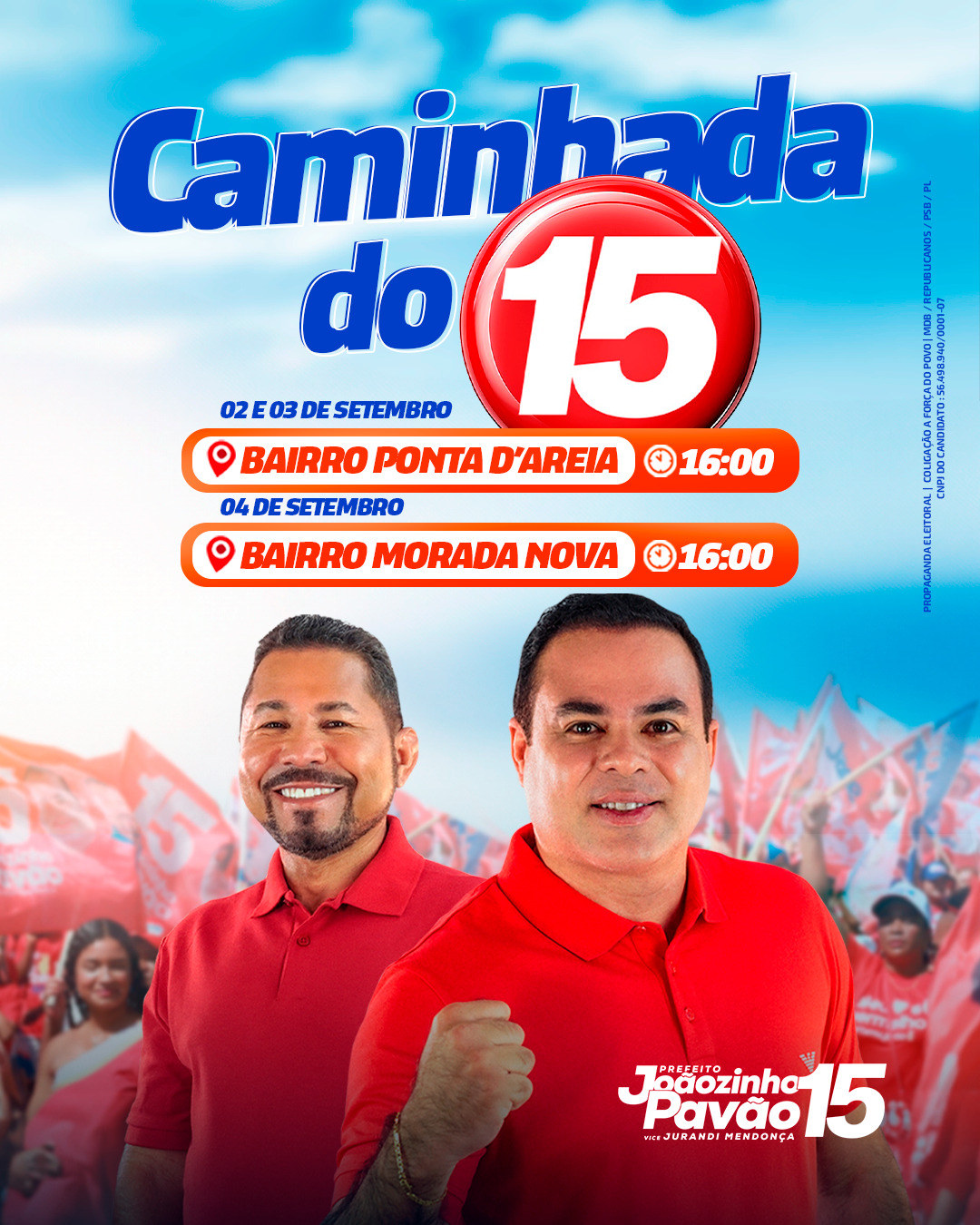 No momento, você está visualizando 👣 *Caminhada dos Gigantes*🚶🏽‍♀️🚶🏼‍♂️🚶🏿🏃🏾‍♂️   ✊🏾 *Coligação: A Força do Povo 15 convida a todos à participarem*  _🚩 *Dia 02 e 03 de Setembro no Bairro da Ponta da Areia.*_  _*Saída ⏰️ às 16h*_  🚩 _*Dia 04 de Setembro Bairro da Morada Nova*_  _*Saída às ⏰️16h.*_  👏🏾👏🏾👏🏾 *Venham! vai ser uma festa!*🥳