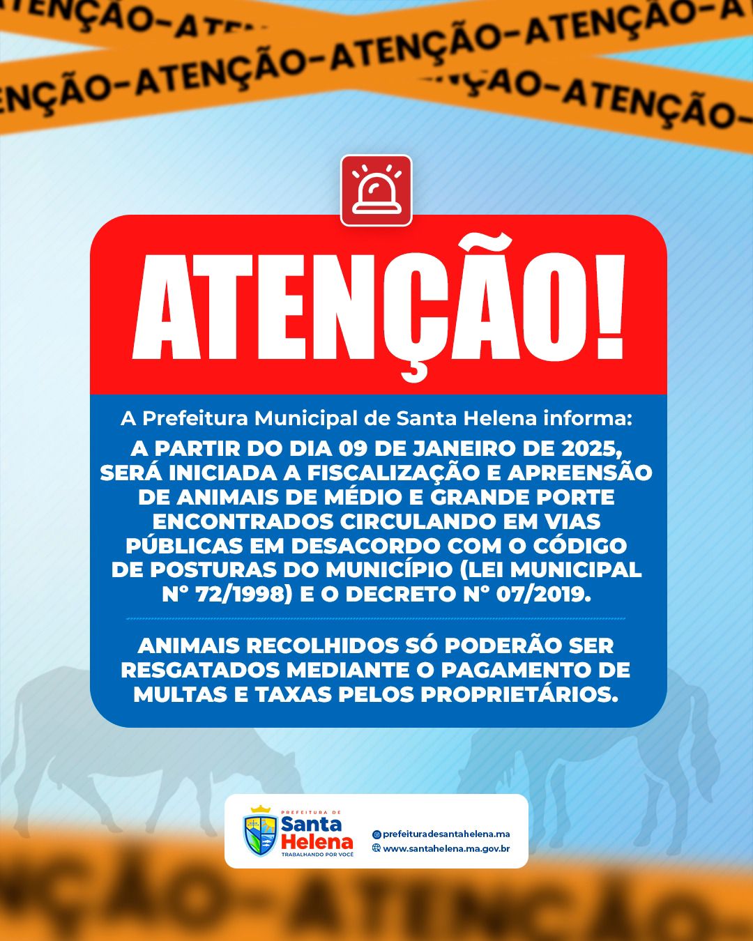 No momento, você está visualizando *De acordo com a Lei Municipal n⁰ 72/1998 e o Decreto n⁰ 07/2019, inicia dia 09 de Janeiro na cidade de Santa Helena-MA, o recolhimento de animais de médio e grande porte que estejam circulando em via públicas.*