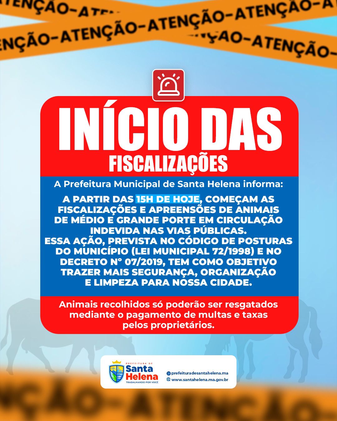 No momento, você está visualizando 🚨 *ATENÇÃO SANTA HELENA!*🚨  INÍCIA HOJE A FISCALIZAÇÃO DE ANIMAIS DE MÉDIO E GRANDE PORTES COM CIRCULAÇÃO INDEVIDAS NAS RUAS DA CIDADE.  FIQUE ESPERTO! NÃO CAIA NESSA MULTA.  PREFEITURA DE SANTA HELENA ORGANIZAÇÃO E SEGURANÇA PARA TODOS.
