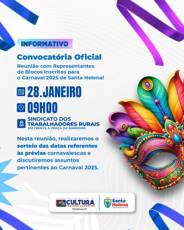 Leia mais sobre o artigo *Secretaria de Cultura de Santa Helena-MA convoca todos os representantes de blocos e fazedores de cultura para uma reunião de seus interesses e que tera entre as pautas, o sorteio das datas para a prévia do maior e melhor Carnaval da Baixada.*