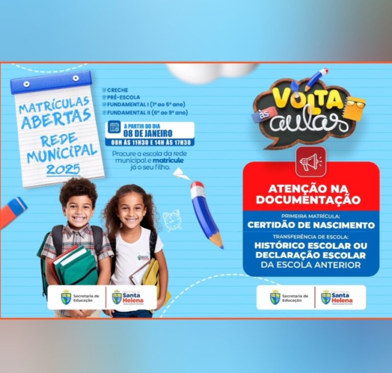Leia mais sobre o artigo *Matrículas e Rematrículas na Rede Municipal de Educação de Santa Helena-MA iniciam dia 08 de Janeiro.Vagas para Creche, Pré-Escola, Fundamental Menor e Maior. Documentos necessários para primeira matrícula e transferidos de outras escolas na matéria do blog. Não deixe sua(s) criança(s) de fora.*