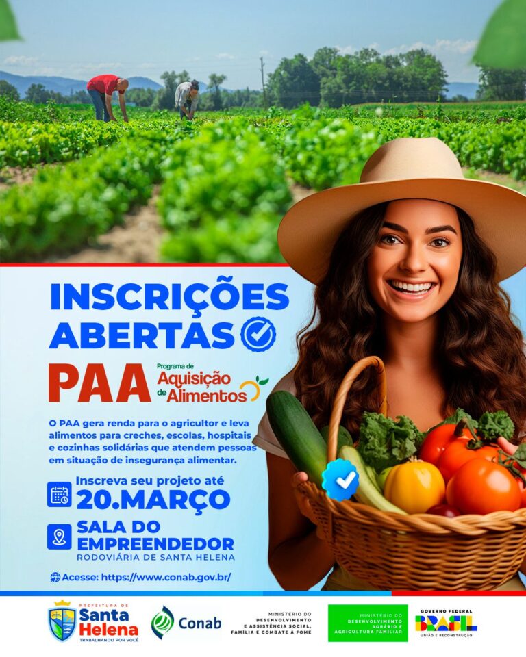 Leia mais sobre o artigo *Prefeitura de Santa Helena, em parceria com o Governo Federal, informa aos interessados que estão abertas as inscrições para o Programa de Aquisição de Alimentos (PAA). Foi destinado 400 milhões para Agricultura Familiar  e mais 100 milhões para Cozinhas Solidárias e Sementes Crioulas. Não perca essa oportunidade! Inscrições até 20 de março. Melhores informações na Sala do Empreendedor de Santa Helena.*