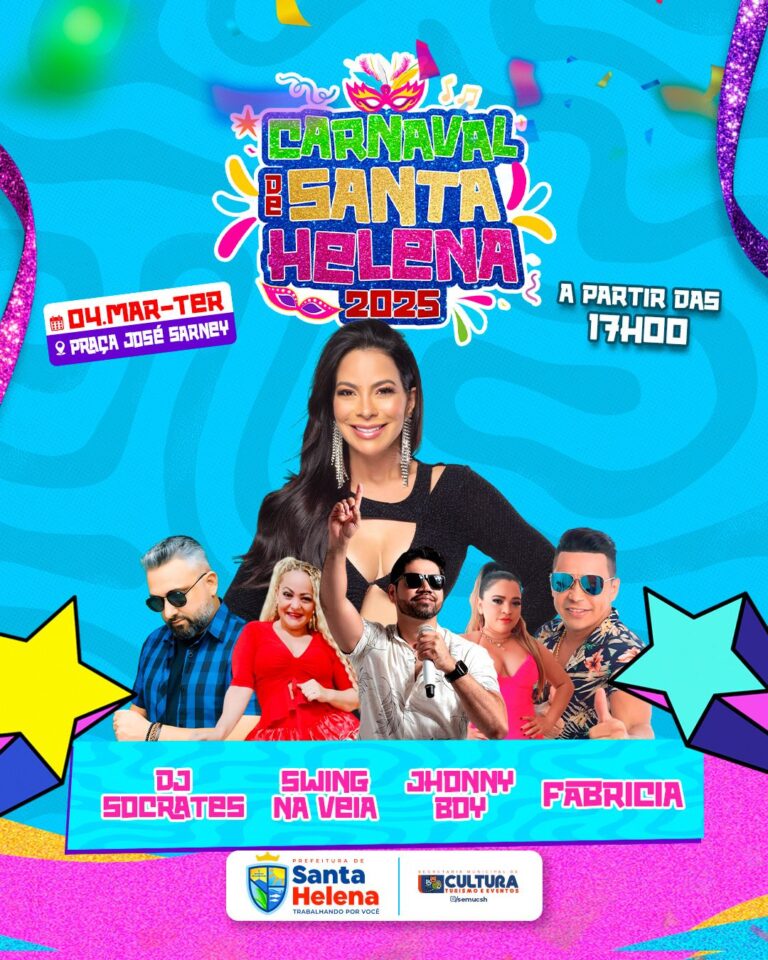 Leia mais sobre o artigo 🎭 *Hoje é o último dia de Folia do Melhor e Maior Carnaval da Baixada. São muitas atrações para animar sua festa. Venha, traga sua alegria para festejar esse grande momento com as atrações: Fabrícia, Johnny Boy, Swing na Veia e DJ Sócrates* 🎭 *#SantaHelenaCarnavalComAlegria*
