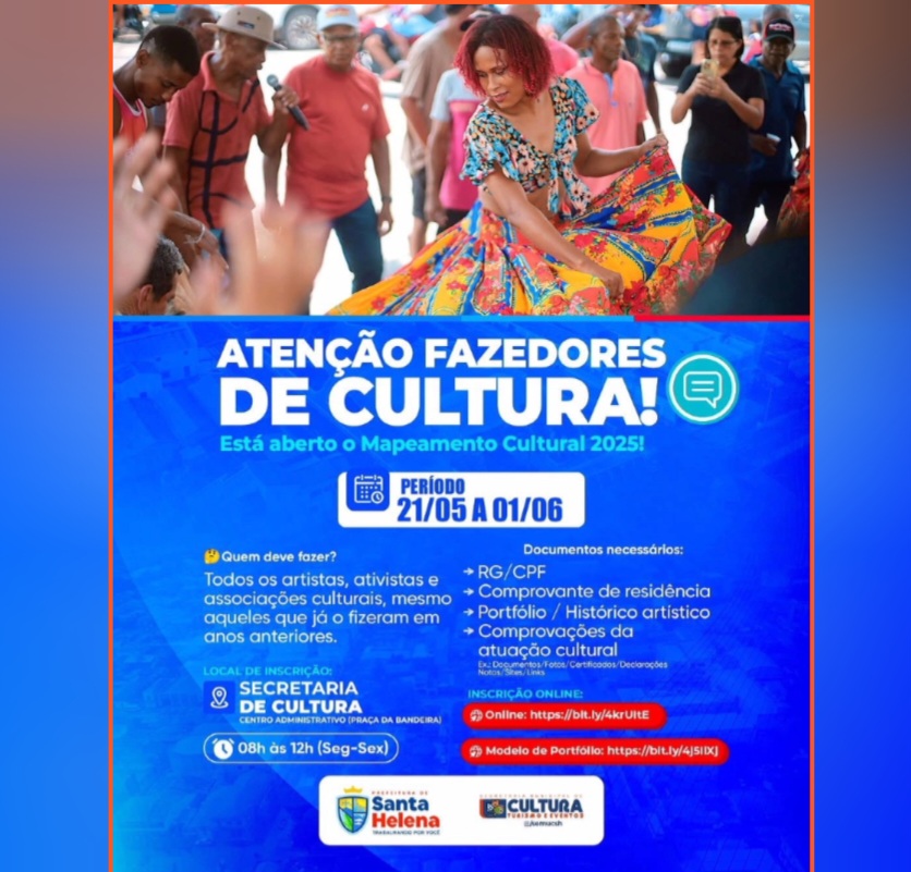 Leia mais sobre o artigo *Prefeitura de Santa Helena, através da Secretaria de Cultura, inicia o Mapeamento Cultural 2025 abrindo as inscrições para os fazedores de Cultura. Local: Praça da Bandeira.*