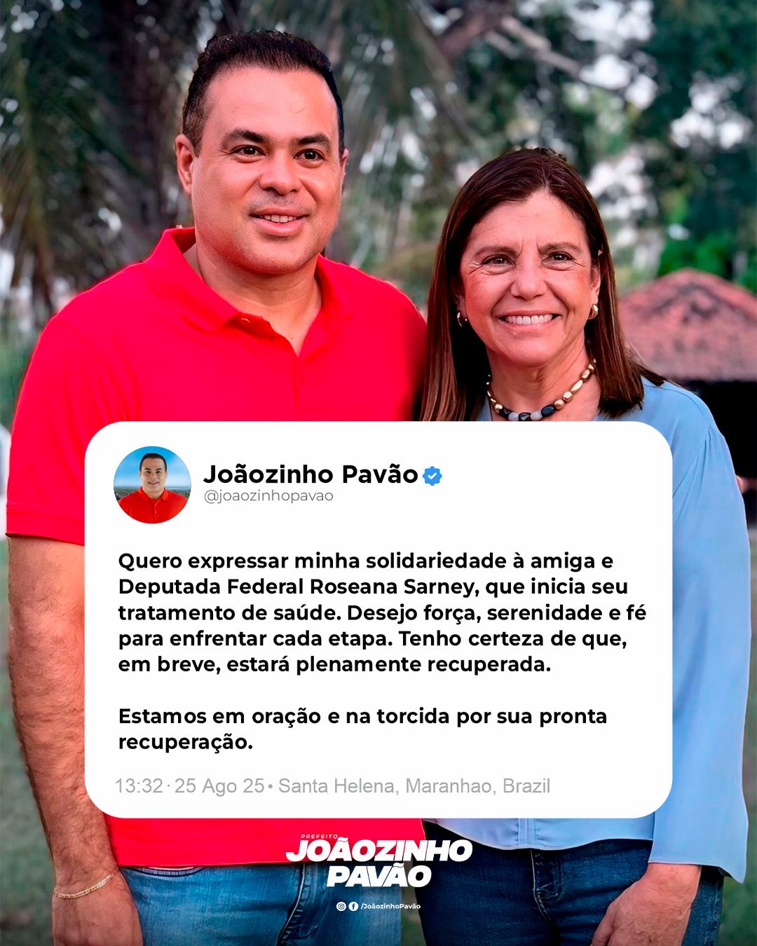 Leia mais sobre o artigo *Prefeito Joãozinho Pavão emite nota de apoio a sua amiga e Deputada Federal Roseana Sarney que inicia tratamento de saúde.*