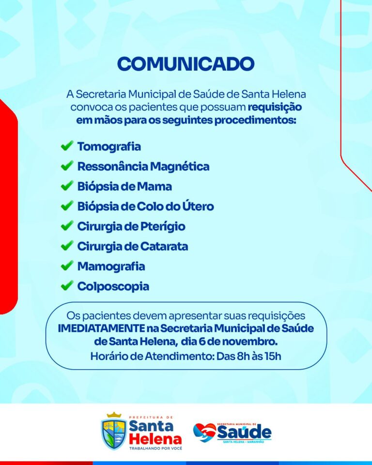 Leia mais sobre o artigo 🚨 *ATENÇÃO, HELENENSES!* 🏥💙 📣 *CONVOCAÇÃO IMPORTANTE – SAÚDE!*  *A Secretaria Municipal de Saúde convoca todos os pacientes que têm requisição em mãos para exames e procedimentos como tomografia, ressonância magnética, biópsias, cirurgias, mamografia e colposcopia.*