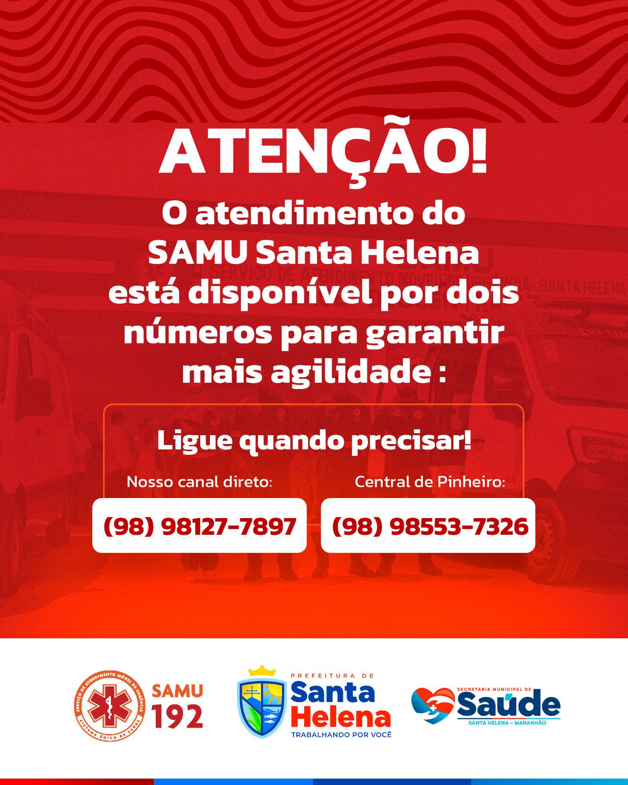 No momento, você está visualizando 🚑 ATENÇÃO, SANTA HELENA!  O SAMU está atendendo por dois números pra garantir agilidade:  📞 SAMU Santa Helena: (98) 98127-7897 📞 Central de Regulação – Pinheiro: (98) 98553-7326  Salva aí e compartilha! Na emergência, cada segundo vale ouro. 🏥✨  #SAMU192 #Emergência #SantaHelenaMA