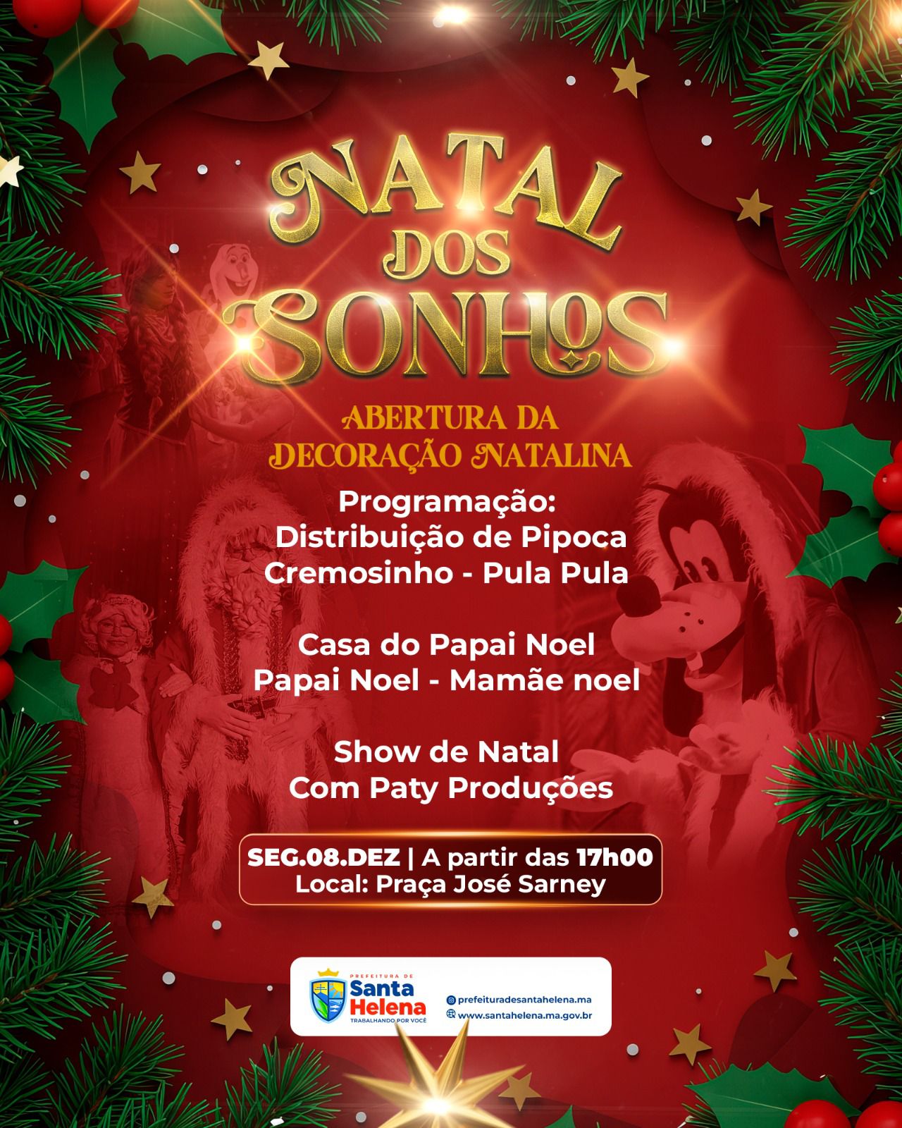 Leia mais sobre o artigo 🎄✨ *Vem aí a Inauguração da Decoração Natalina!* ✨🎄  *A Prefeitura de Santa Helena convida você e sua família para a inauguração da decoração de Natal, nesta segunda-feira (08/12), às 17h, na Praça José Sarney.*