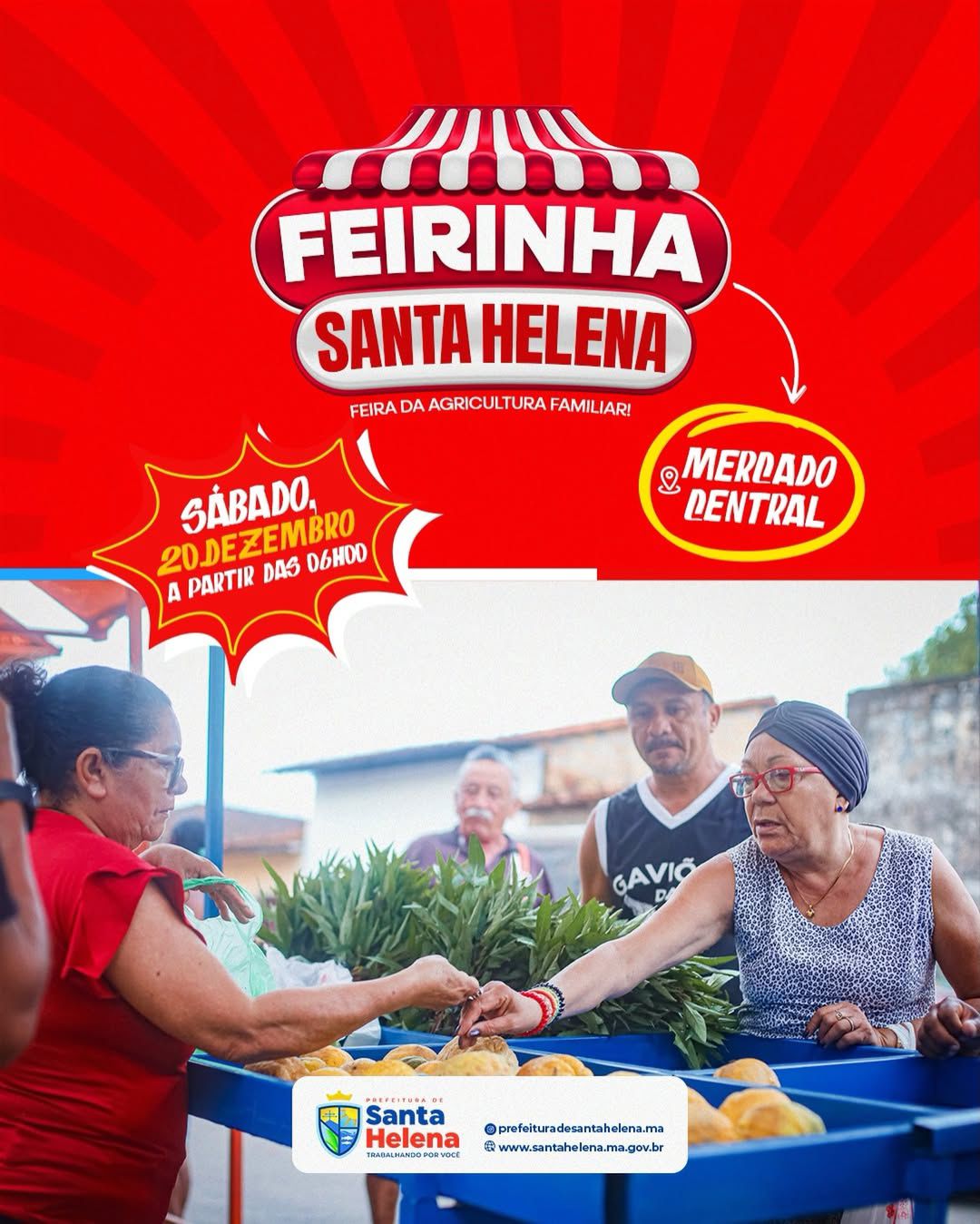 Leia mais sobre o artigo 🛒✨ *Sábado é dia de feira!*  *Neste sábado (20), a partir das 6h, tem Feirinha Santa Helena no Mercado Central.*  🌽 *Produtos fresquinhos* 👩‍🌾 *Agricultura familiar* 💰 Preço justo*  👉 *Não perca!*