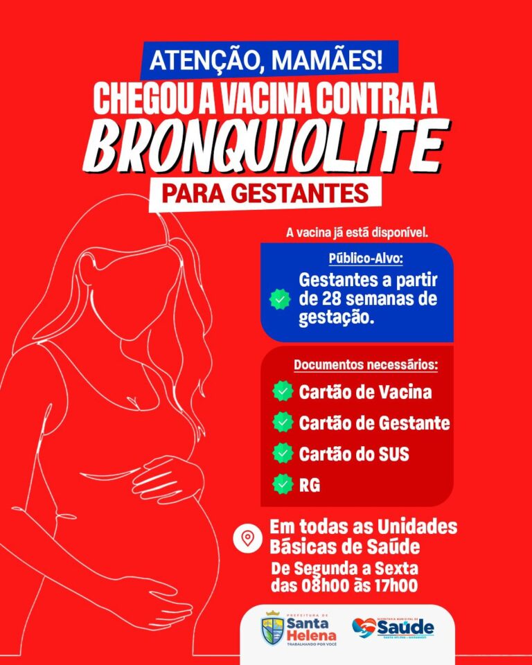 Leia mais sobre o artigo 💉 *Vacina contra o VSR para gestantes*  *A Prefeitura de Santa Helena-MA iniciou a vacinação contra o Vírus Sincicial Respiratório (VSR) em gestantes a partir da 28ª semana, com dose única. A vacina protege o bebê contra bronquiolite e pneumonia nos primeiros meses de vida.*  📍 *UBS | 🕗 Seg. a sex., 8h às 17h* 📄 *Levar cartão de vacina, cartão da gestante, SUS e RG*