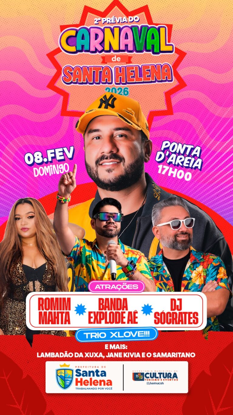 Leia mais sobre o artigo 🌟 *PONTA D’AREIA VAI FERVER!* 🌟 *Santa Helena recebe neste domingo (8), a partir das 17h, a 2ª prévia do Carnaval 2026, na Ponta D’Areia.*  *Com Romim Mahta, Banda Explode Aê e DJ Sócrates, a festa promete muita música, alegria e um grande público, fortalecendo o turismo e a economia local.* 🎉🌊