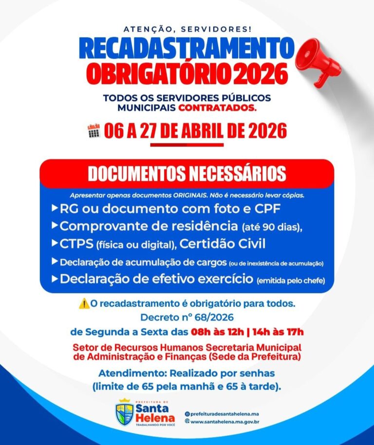 Leia mais sobre o artigo 📢 *Recadastramento Obrigatório 2026 aberto em Santa Helena*  *Servidores contratados de Santa Helena devem atualizar os dados até 27 de abril. Quem não comparecer terá o salário suspenso.*